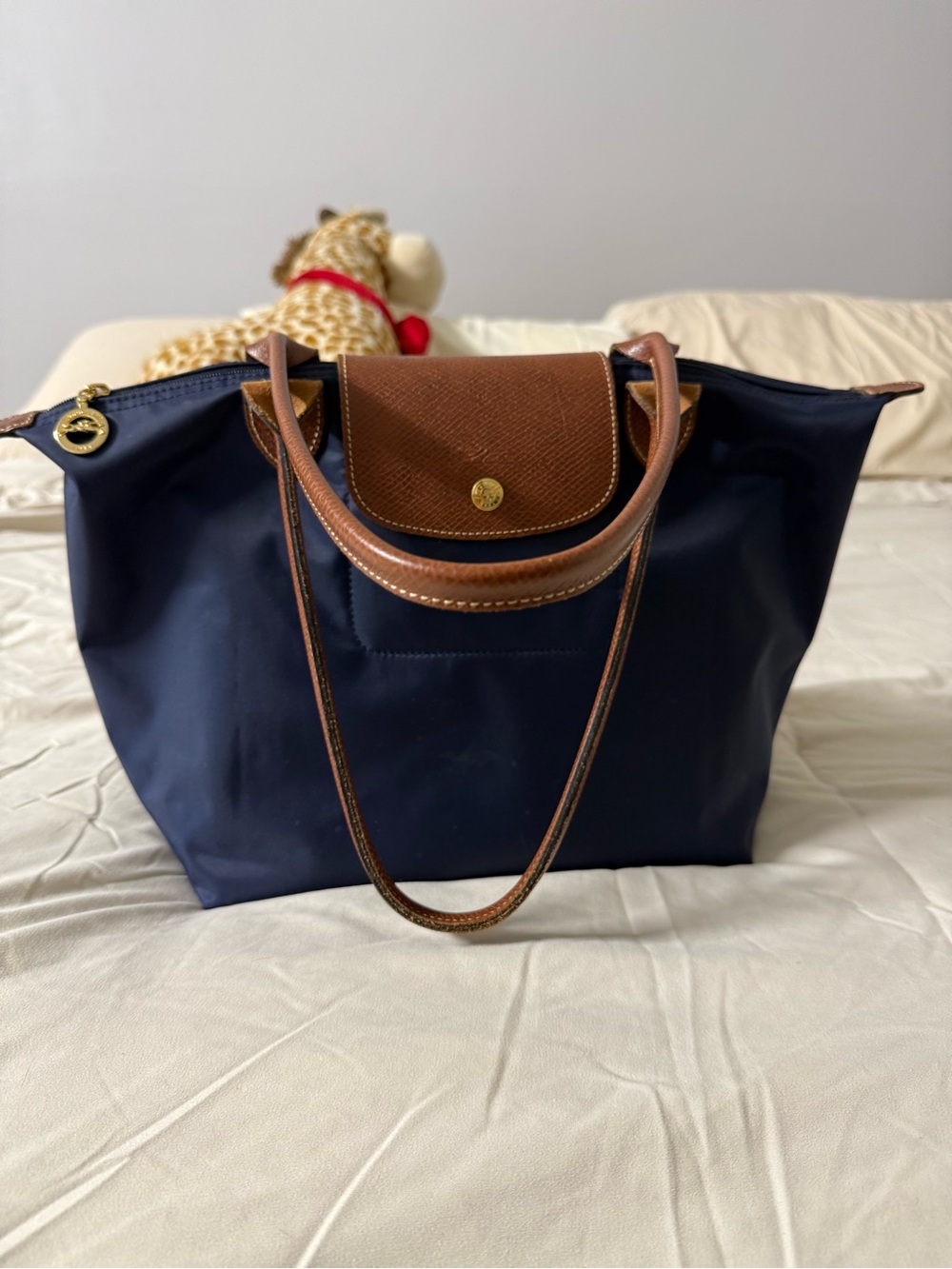 Medium Long champ Navy Nylon Tote with Brown Leather Trim